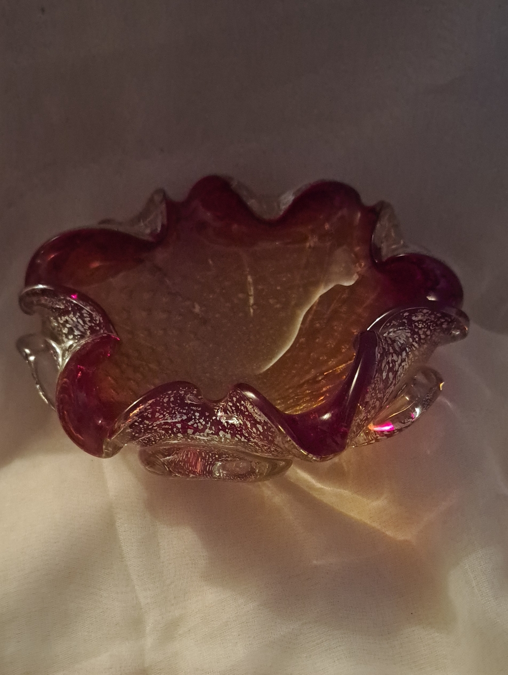 Vintage Italian Murano Glass Decorative Bowl in Amber and Fuchsia